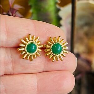18K Gold Sunburst Jade Studs | Minimalist Earrings | Handmade in USA
